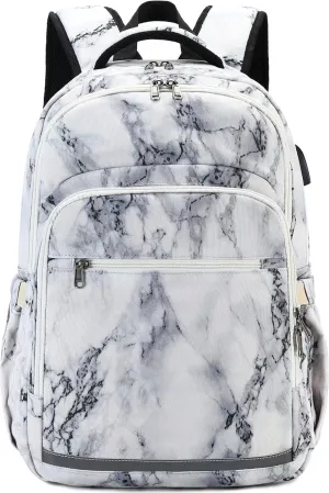 Bluboon Backpack for Women 15.6 Inch Laptop Bookbag College Bag with USB Port (Marble White)