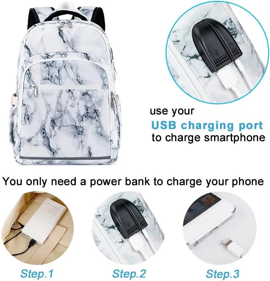 Bluboon Backpack for Women 15.6 Inch Laptop Bookbag College Bag with USB Port (Marble White)