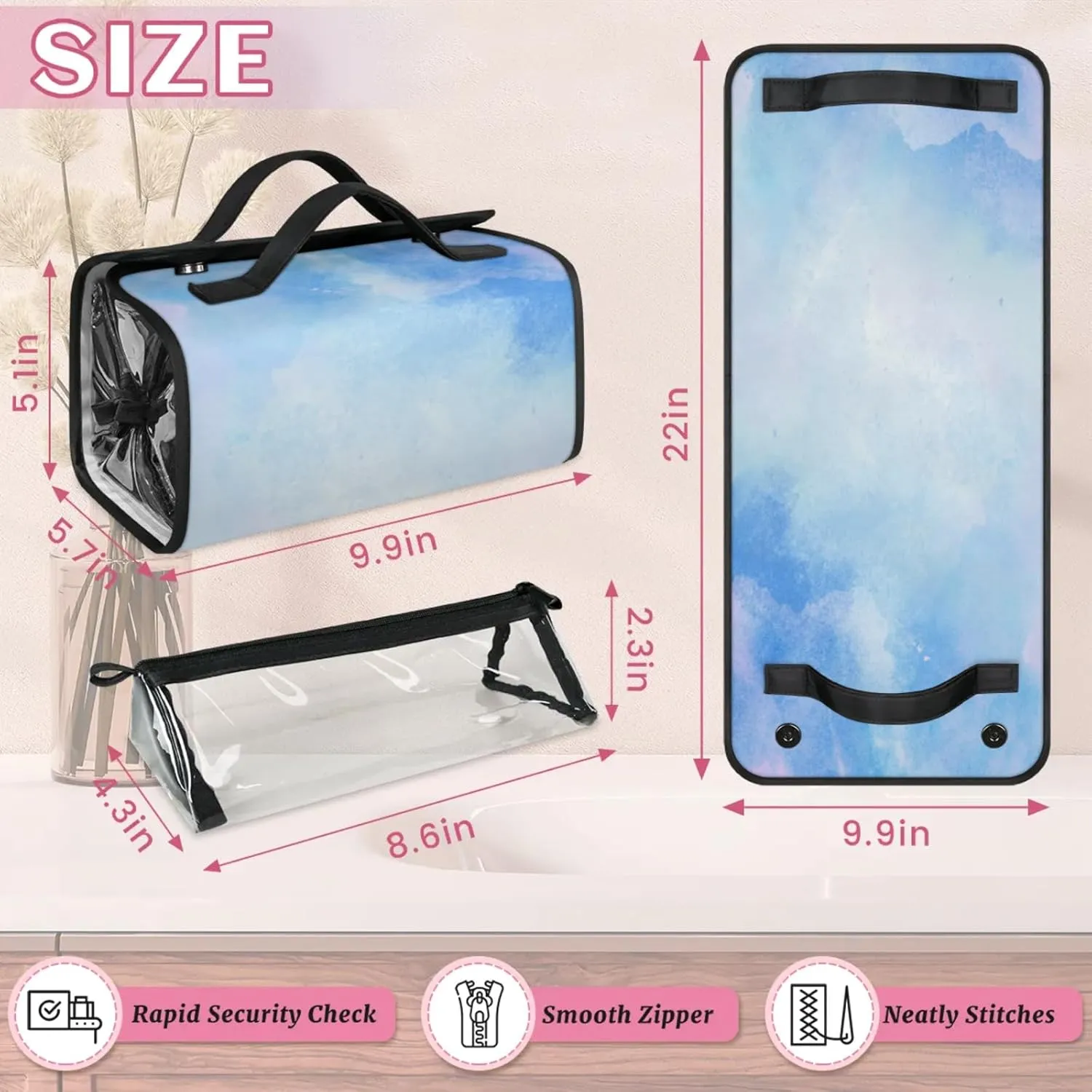 Blue Design Toiletry Bag Water Proof Travel Makeup Case Large Capacity 4 in 1 Foldable Cosmetics Storage for Women Men Removable Zipper Clear PVC Pockets