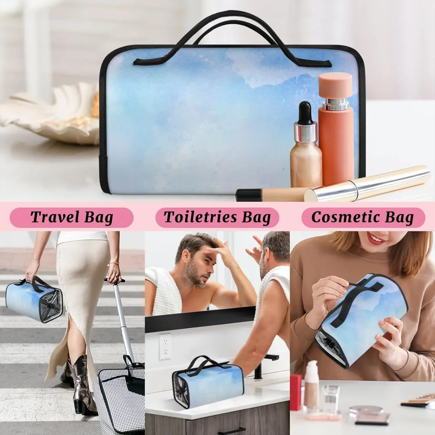 Blue Design Toiletry Bag Water Proof Travel Makeup Case Large Capacity 4 in 1 Foldable Cosmetics Storage for Women Men Removable Zipper Clear PVC Pockets