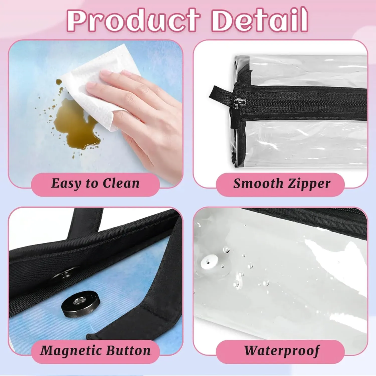 Blue Design Toiletry Bag Water Proof Travel Makeup Case Large Capacity 4 in 1 Foldable Cosmetics Storage for Women Men Removable Zipper Clear PVC Pockets