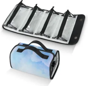 Blue Design Toiletry Bag Water Proof Travel Makeup Case Large Capacity 4 in 1 Foldable Cosmetics Storage for Women Men Removable Zipper Clear PVC Pockets