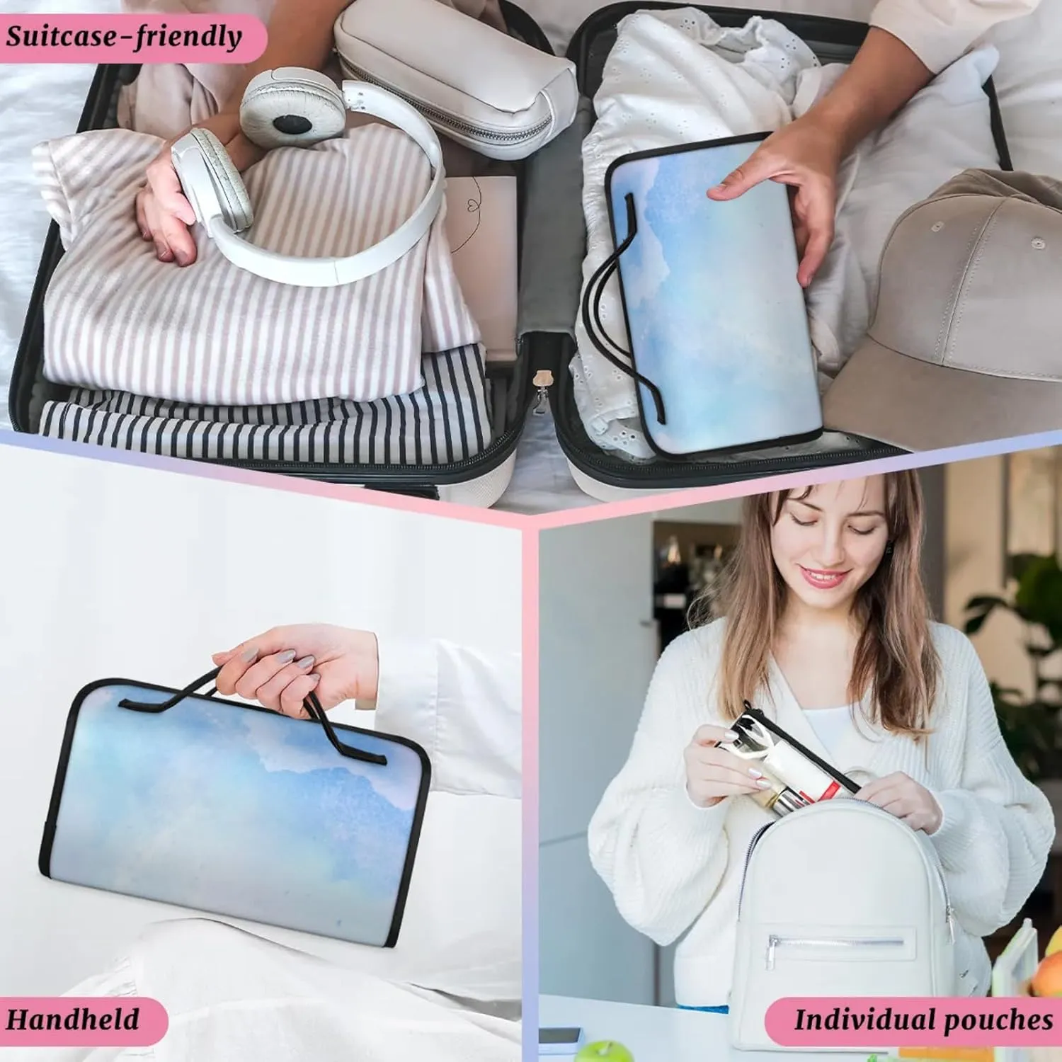 Blue Design Toiletry Bag Water Proof Travel Makeup Case Large Capacity 4 in 1 Foldable Cosmetics Storage for Women Men Removable Zipper Clear PVC Pockets