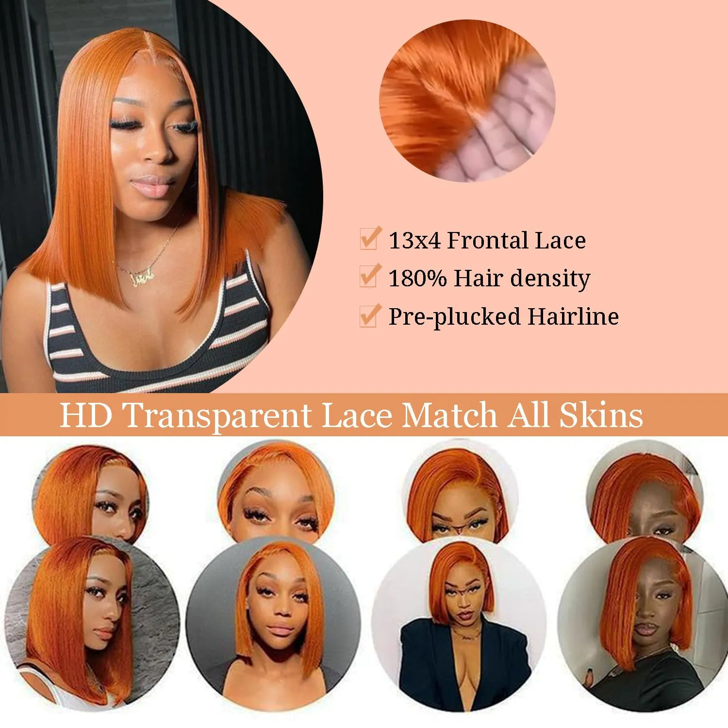 Bob Wig Human Hair 13x4 350 Color Straight Short Bob Wig for Women 180% Density HD Transparent Ginger Orange Lace Front Wigs Pre Plucked with Baby Hair