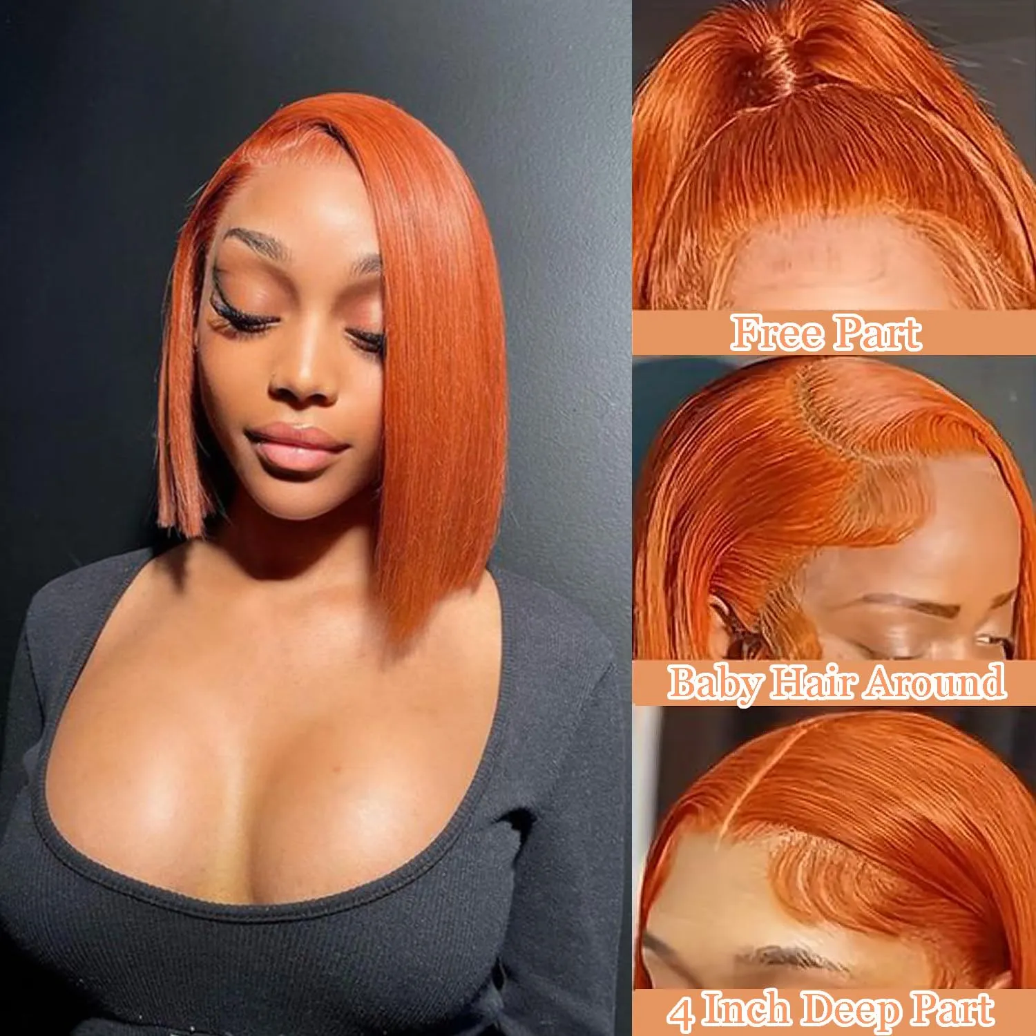 Bob Wig Human Hair 13x4 350 Color Straight Short Bob Wig for Women 180% Density HD Transparent Ginger Orange Lace Front Wigs Pre Plucked with Baby Hair