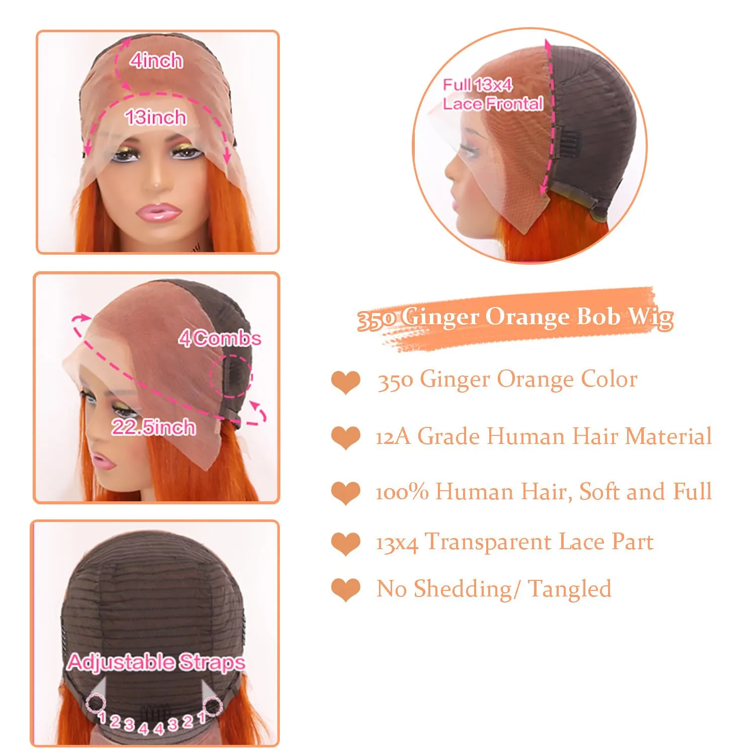 Bob Wig Human Hair 13x4 350 Color Straight Short Bob Wig for Women 180% Density HD Transparent Ginger Orange Lace Front Wigs Pre Plucked with Baby Hair