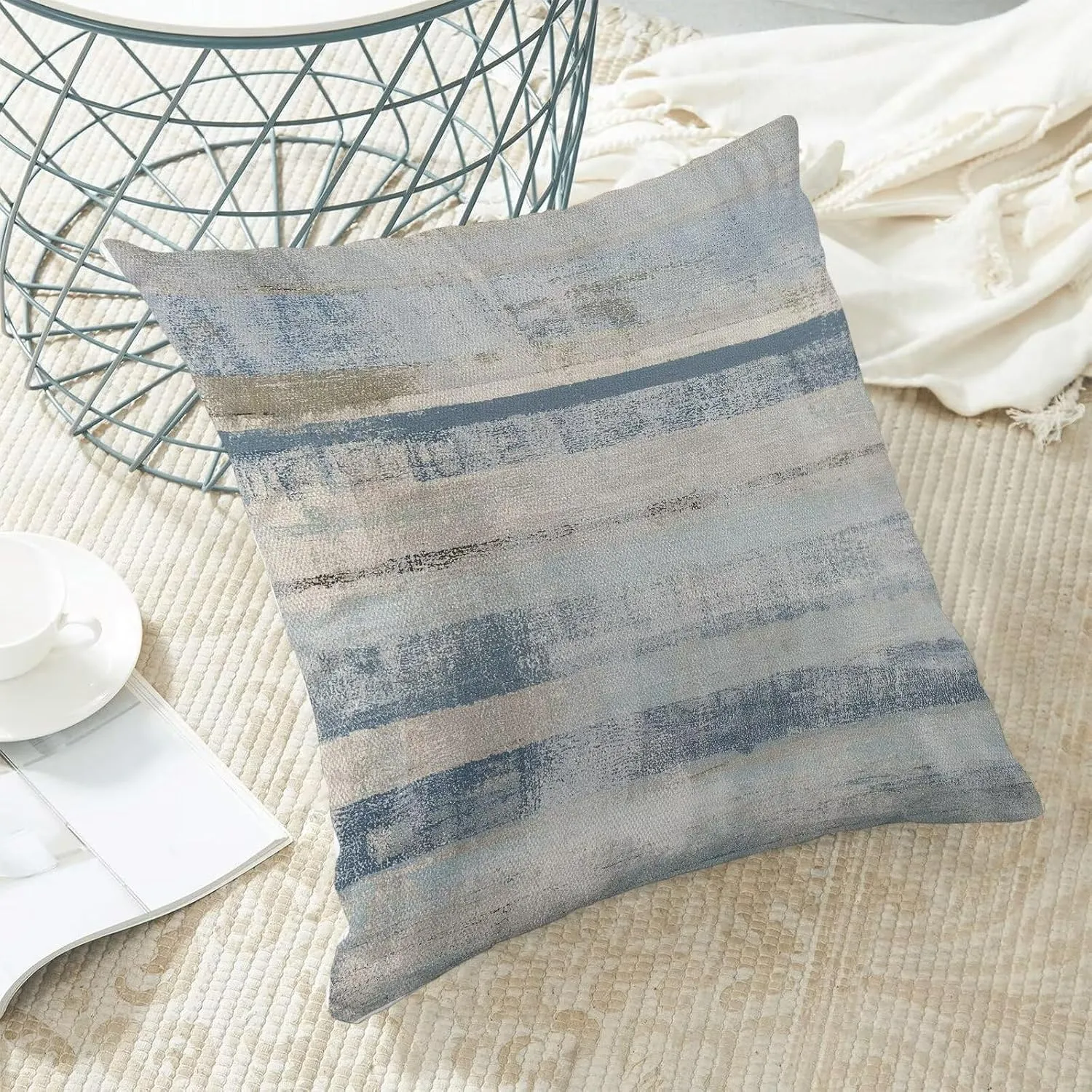 Boho Blue Grey Stripe Throw Pillow Covers 16x16 Inch Set of 2, Rustic Abstract Decorative Throw Pillow Covers Retro Stripe Linen Outdoor Cushion Cover for Sofa Couch Farmhouse Room Bed Decor