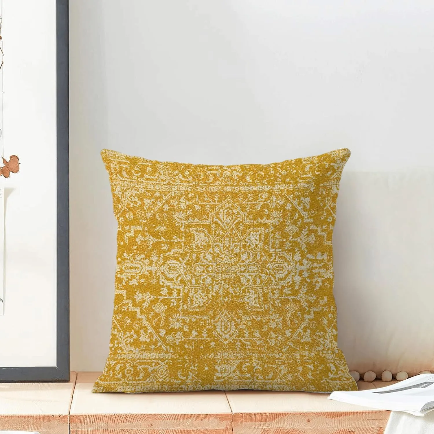 Boho Pillow Covers 20x20 Set of 2, Yellow Carpet Pattern Decorative Throw Pillows Linen Ethnic Design Farmhouse Cushion Pillow Covers for Sofa Couch Outdoor Decor