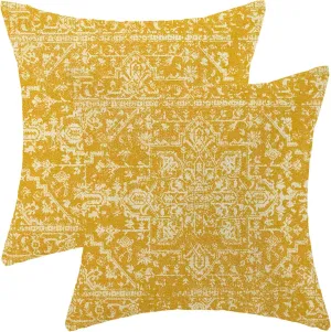 Boho Pillow Covers 20x20 Set of 2, Yellow Carpet Pattern Decorative Throw Pillows Linen Ethnic Design Farmhouse Cushion Pillow Covers for Sofa Couch Outdoor Decor