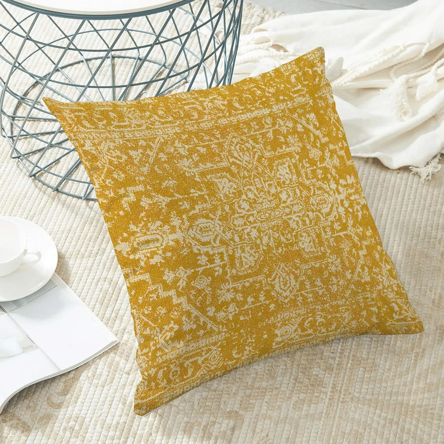 Boho Pillow Covers 20x20 Set of 2, Yellow Carpet Pattern Decorative Throw Pillows Linen Ethnic Design Farmhouse Cushion Pillow Covers for Sofa Couch Outdoor Decor