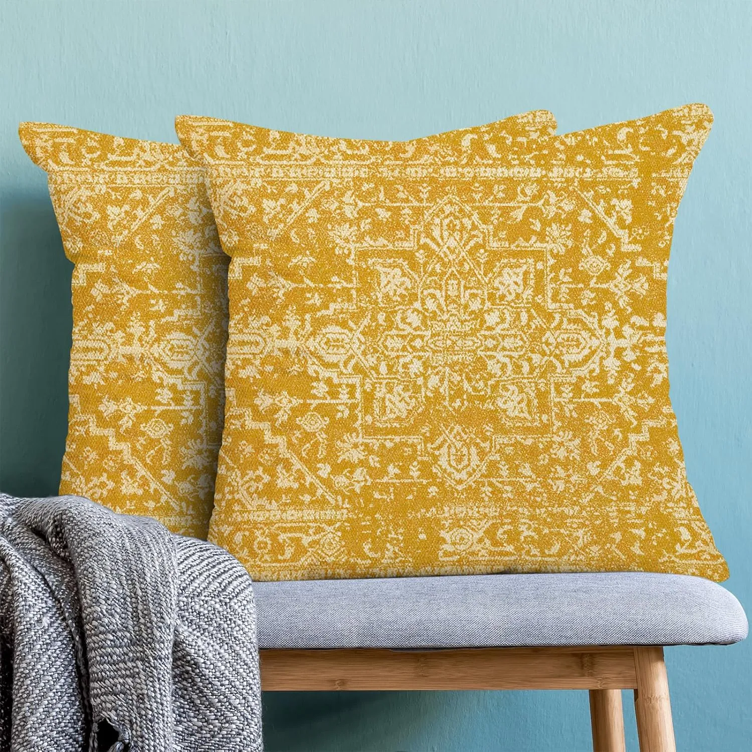 Boho Pillow Covers 20x20 Set of 2, Yellow Carpet Pattern Decorative Throw Pillows Linen Ethnic Design Farmhouse Cushion Pillow Covers for Sofa Couch Outdoor Decor