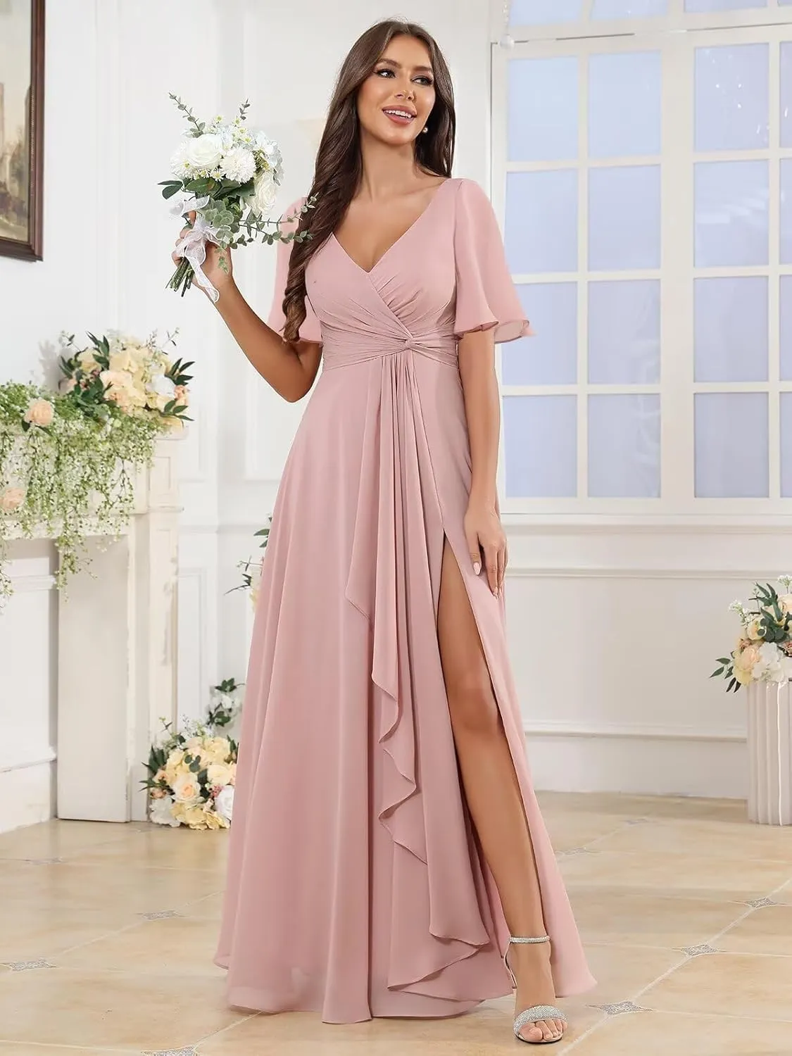 BOLENSYE Short Sleeve Chiffon Bridesmaid Dresses Long A Line V Neck Ruched Evening Party Gown with Pockets