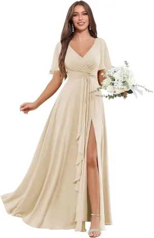 BOLENSYE Short Sleeve Chiffon Bridesmaid Dresses Long A Line V Neck Ruched Evening Party Gown with Pockets