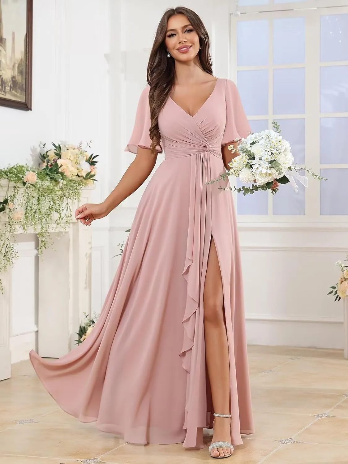 BOLENSYE Short Sleeve Chiffon Bridesmaid Dresses Long A Line V Neck Ruched Evening Party Gown with Pockets