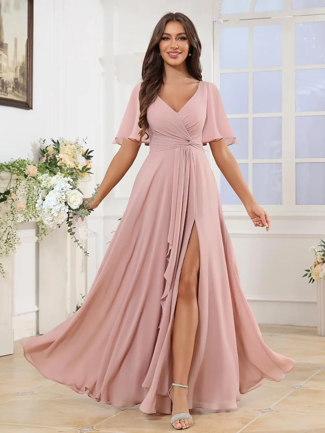 BOLENSYE Short Sleeve Chiffon Bridesmaid Dresses Long A Line V Neck Ruched Evening Party Gown with Pockets