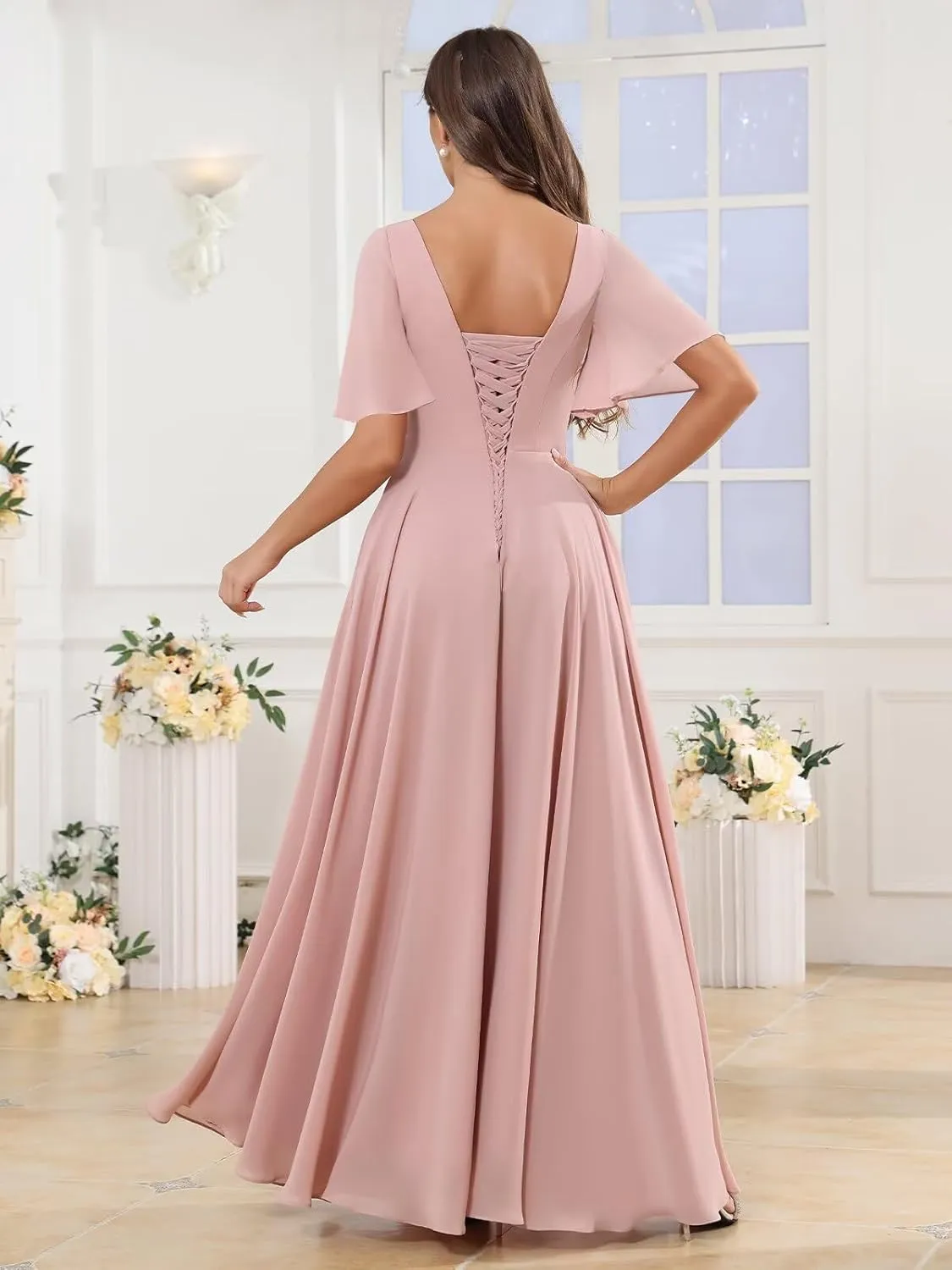 BOLENSYE Short Sleeve Chiffon Bridesmaid Dresses Long A Line V Neck Ruched Evening Party Gown with Pockets