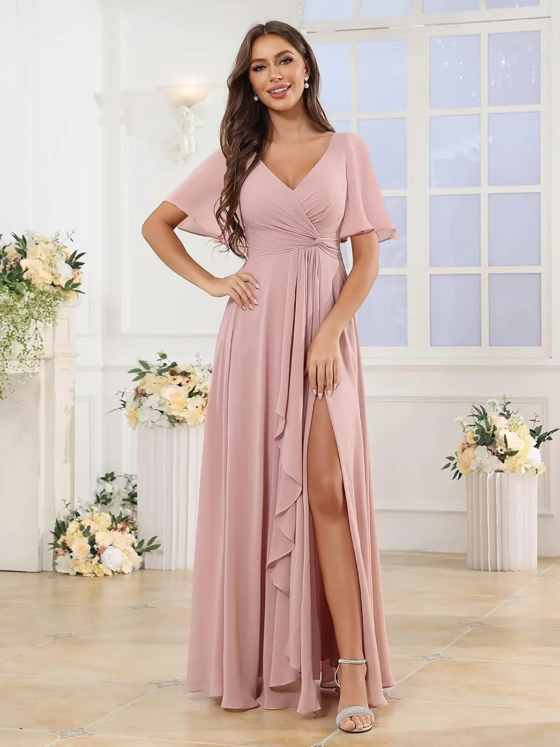 BOLENSYE Short Sleeve Chiffon Bridesmaid Dresses Long A Line V Neck Ruched Evening Party Gown with Pockets