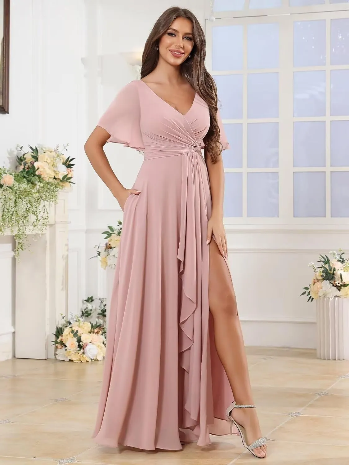 BOLENSYE Short Sleeve Chiffon Bridesmaid Dresses Long A Line V Neck Ruched Evening Party Gown with Pockets