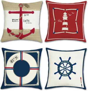 Bonhause Nautical Throw Pillow Covers 18 x 18 Inch Anchor Lighthouse Red Navy Blue Decorative Pillow Cases Outdoor Cushion Covers for Couch Sofa Bed Home Decor Set of 4