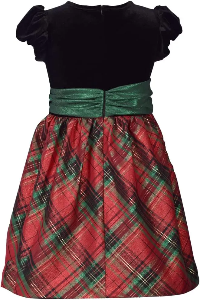 Bonnie Jean Girls Holiday Christmas Dress - Classic Plaid with Velvet with Hair Accessories