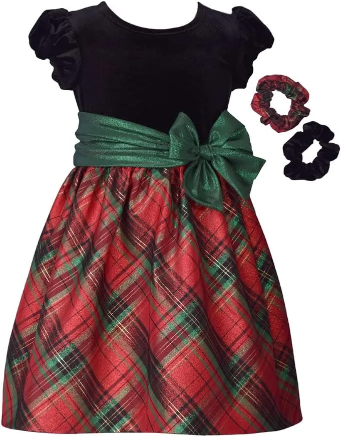 Bonnie Jean Girls Holiday Christmas Dress - Classic Plaid with Velvet with Hair Accessories