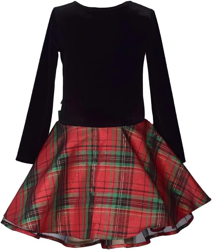 Bonnie Jean Girls Holiday Christmas Dress - Classic Plaid with Velvet with Hair Accessories