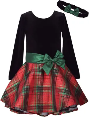 Bonnie Jean Girls Holiday Christmas Dress - Classic Plaid with Velvet with Hair Accessories
