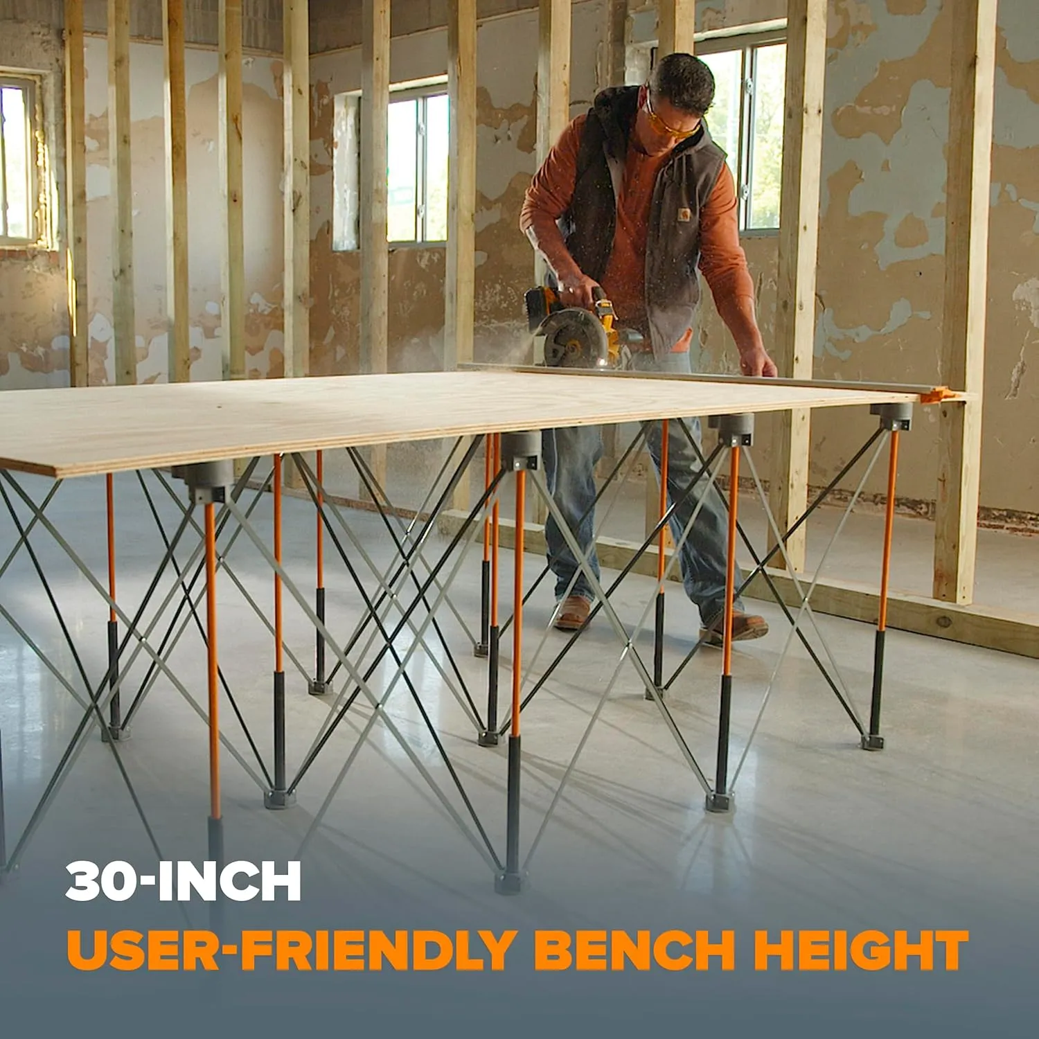 BORA Centipede 30in Folding Work Table Set - No Assembly 15-Strut Collapsible Table 6000lb Weight Limit - 4x8ft Mobile Work Station with Storage Bag, Foldable Work Bench Table - CK15S, Orange