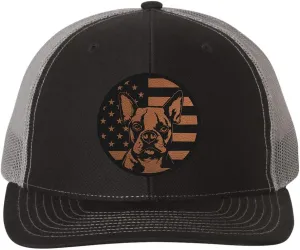 Boston Terrier Dog Patriotic Design Laser Engraved Leather Patch Richardson 112 Snapback Trucker Cap