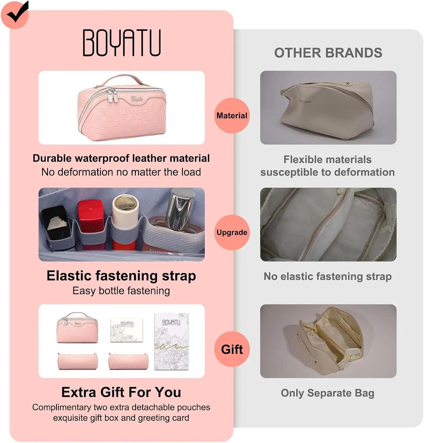 BOYATU Travel Makeup Bag Organizer Cosmetic Bag: 3 Pcs Set Make up Bags for Women with Handle - Waterproof Vegan Leather Toiletry Bags with Comparments (Pink)