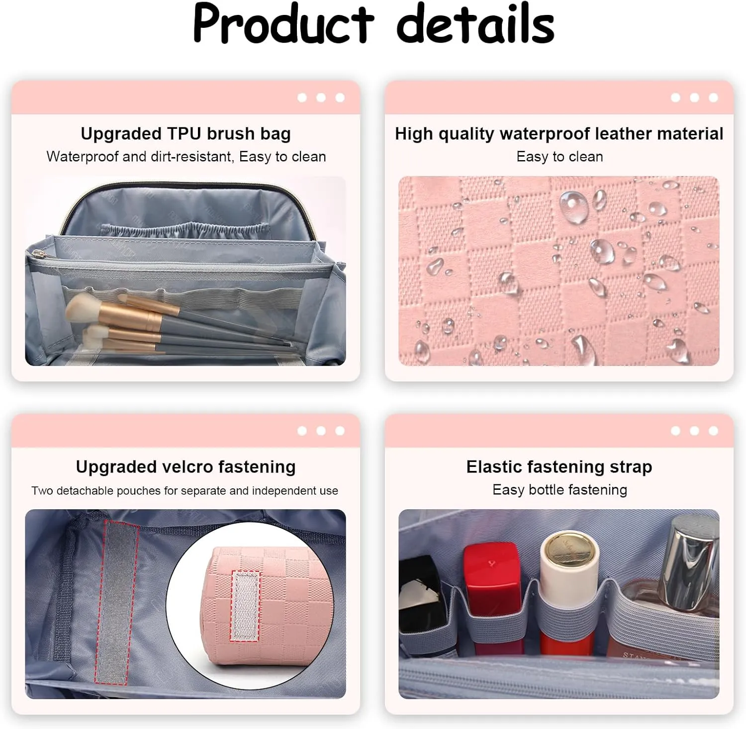 BOYATU Travel Makeup Bag Organizer Cosmetic Bag: 3 Pcs Set Make up Bags for Women with Handle - Waterproof Vegan Leather Toiletry Bags with Comparments (Pink)
