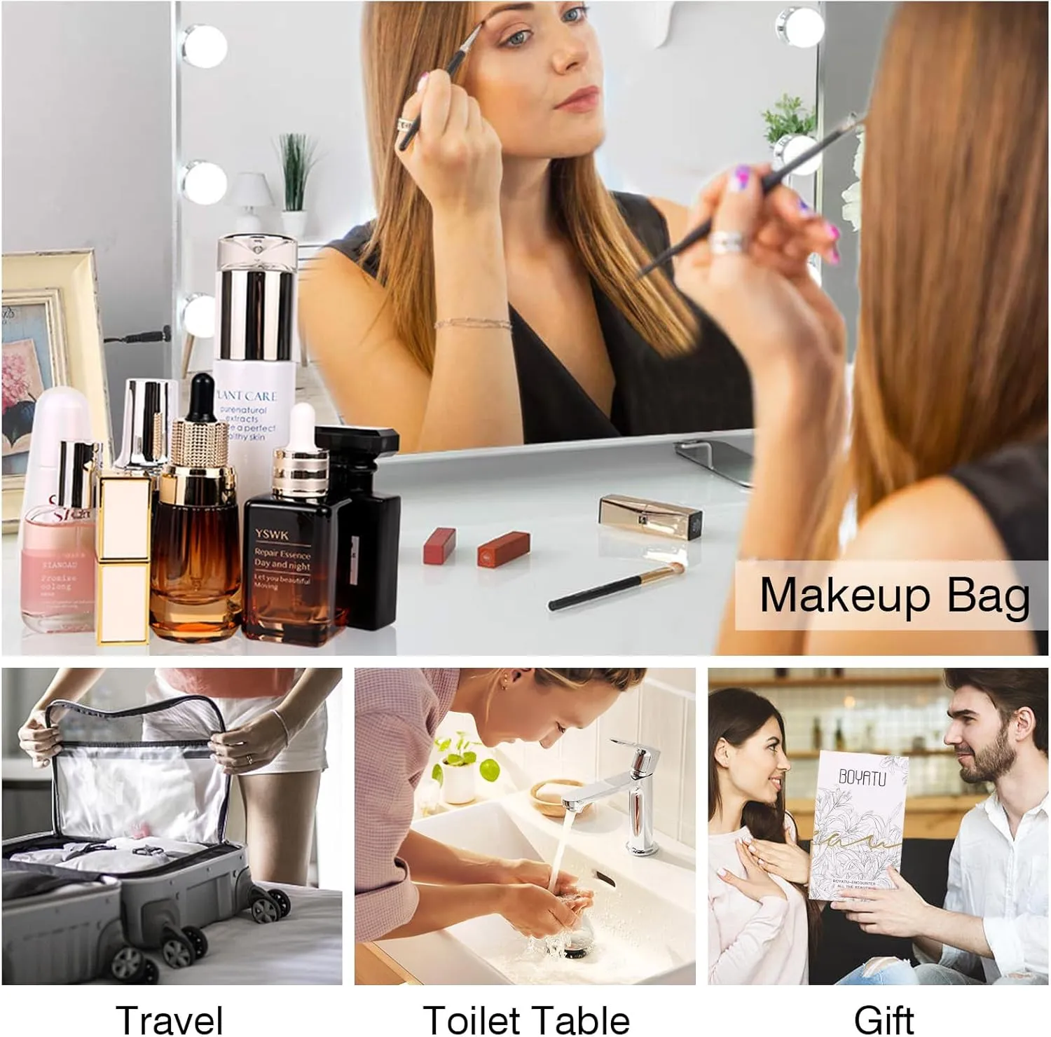 BOYATU Travel Makeup Bag Organizer Cosmetic Bag: 3 Pcs Set Make up Bags for Women with Handle - Waterproof Vegan Leather Toiletry Bags with Comparments (Pink)