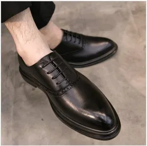 Brogue Business Oxfords for Men Large Size Shoes Microfiber Leather Lace up Pointed Toe Wingtip Burnished Style Waxed Laces Thick-Bottom (Color : Glossy Black, Size : 9 M US)