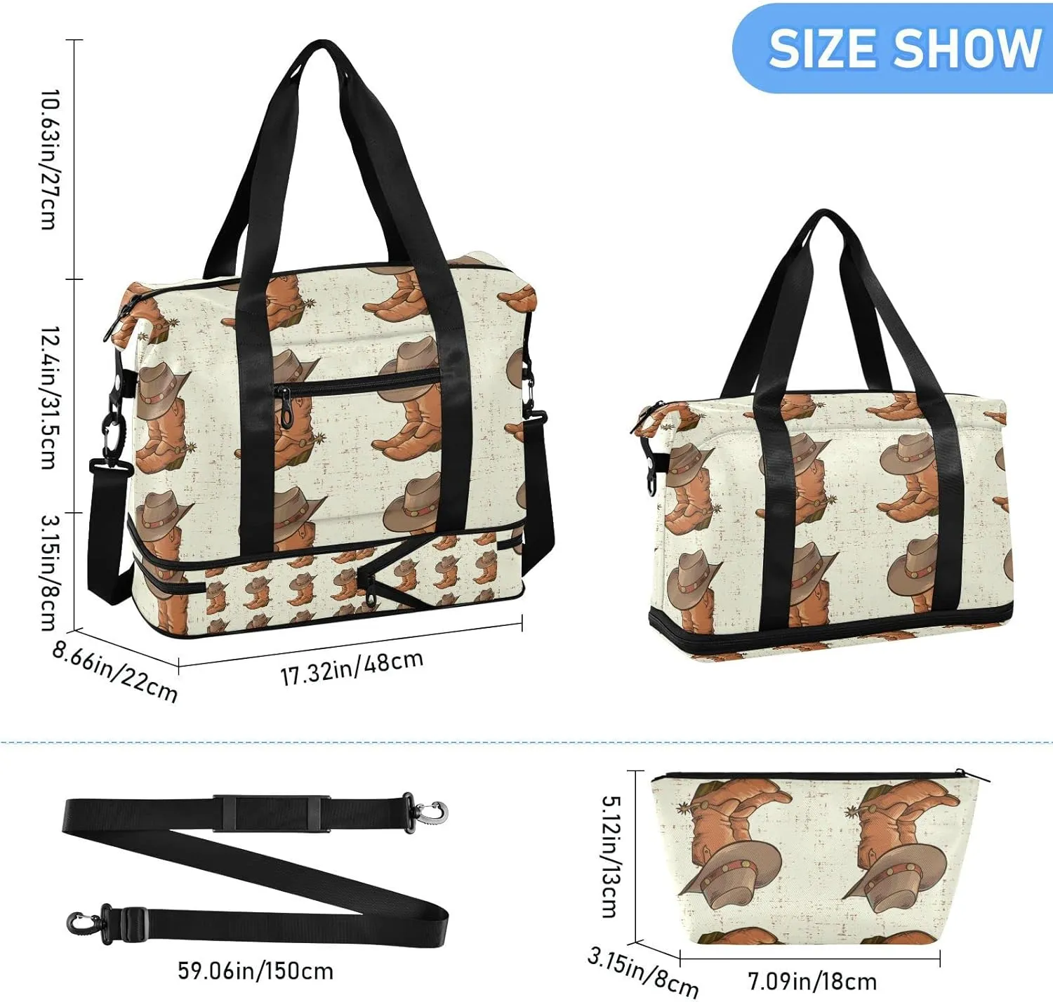 Brown Cowboy Boots with Hat on Old Vintage Background Foldable Travel Bag, Camping Luggage bag, Portable Gym Bag, Sports Bag, Toiletry Bag with Handles Adjustable Shoulder Strap