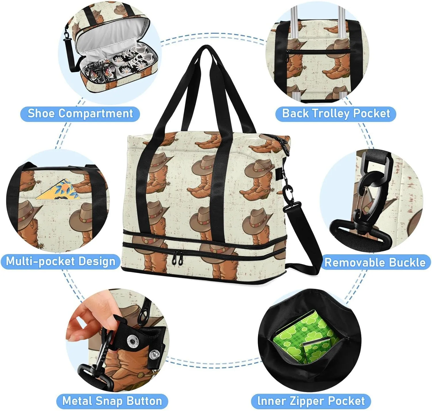 Brown Cowboy Boots with Hat on Old Vintage Background Foldable Travel Bag, Camping Luggage bag, Portable Gym Bag, Sports Bag, Toiletry Bag with Handles Adjustable Shoulder Strap