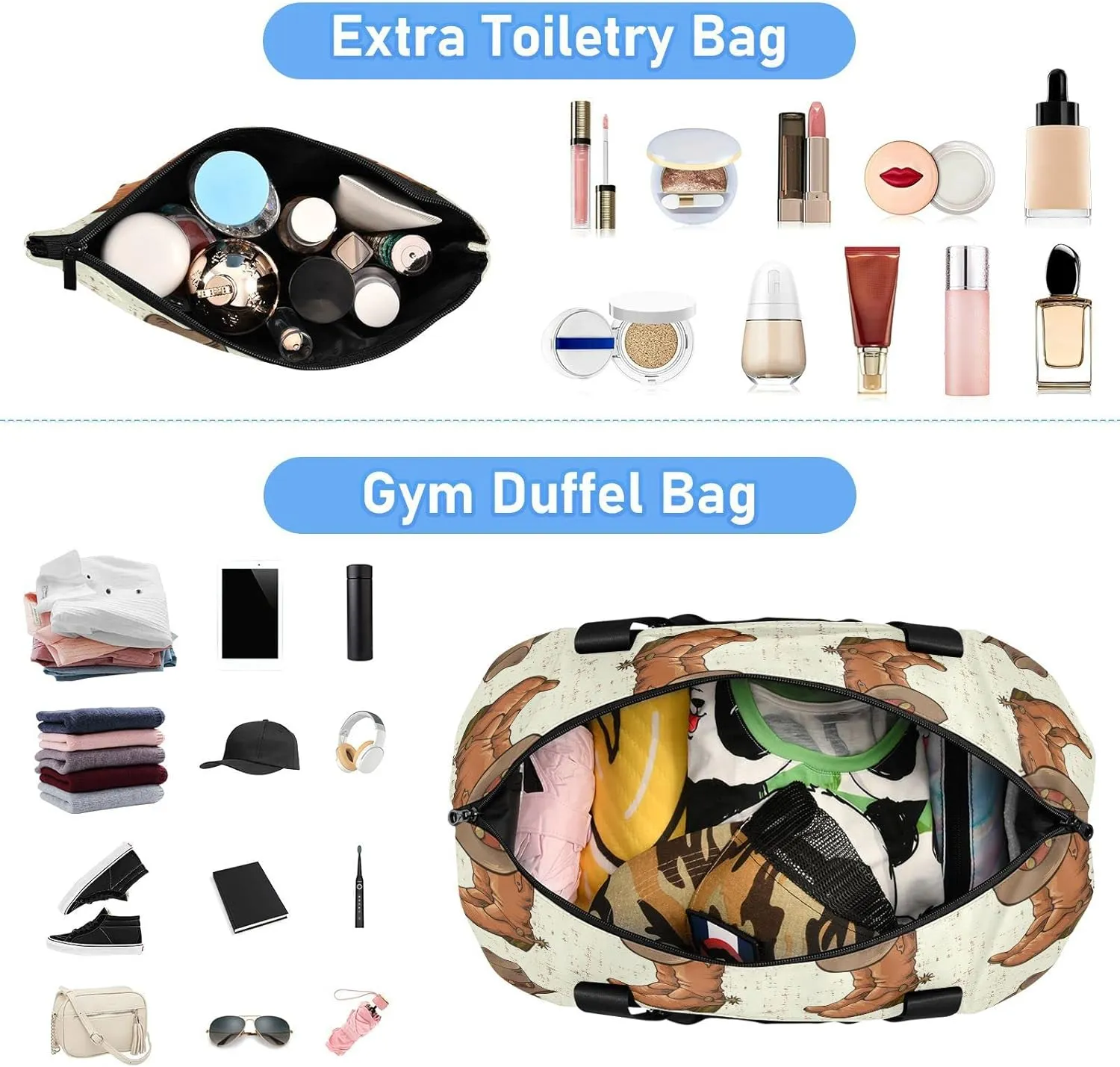 Brown Cowboy Boots with Hat on Old Vintage Background Foldable Travel Bag, Camping Luggage bag, Portable Gym Bag, Sports Bag, Toiletry Bag with Handles Adjustable Shoulder Strap