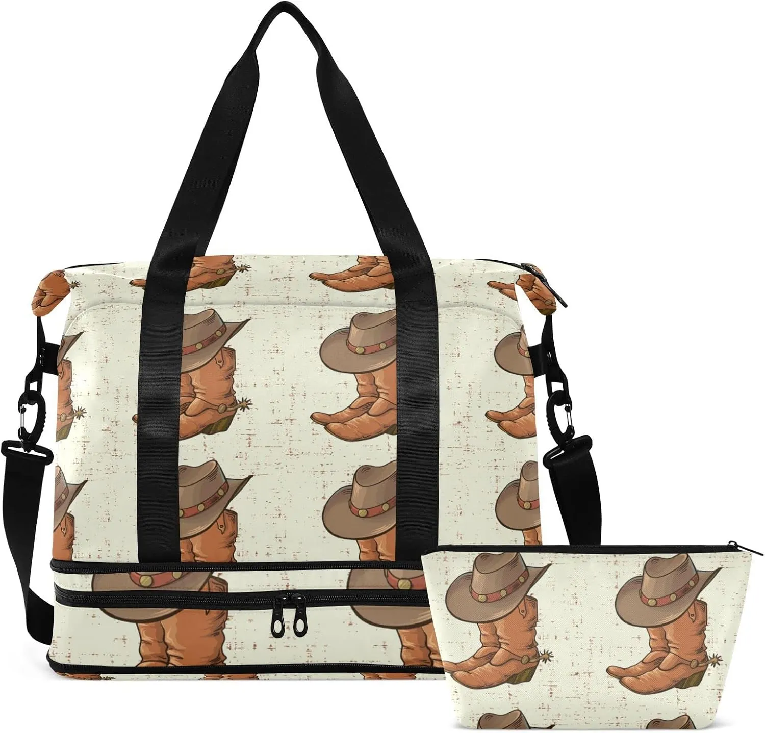 Brown Cowboy Boots with Hat on Old Vintage Background Foldable Travel Bag, Camping Luggage bag, Portable Gym Bag, Sports Bag, Toiletry Bag with Handles Adjustable Shoulder Strap