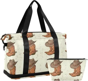 Brown Cowboy Boots with Hat on Old Vintage Background Foldable Travel Bag, Camping Luggage bag, Portable Gym Bag, Sports Bag, Toiletry Bag with Handles Adjustable Shoulder Strap