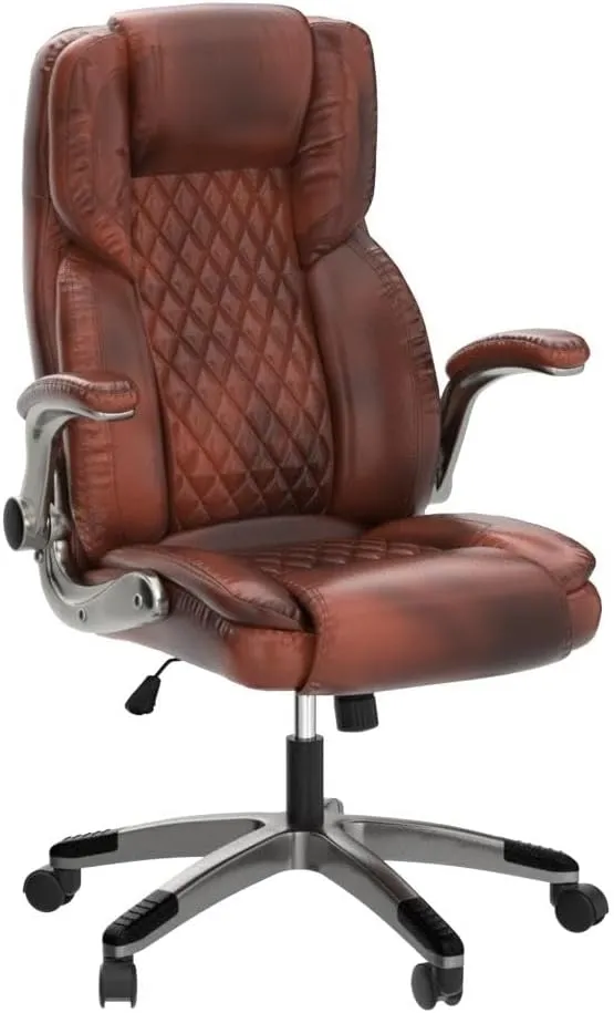 Brown Leather Office Chair with Flip up Arms, High Back Ergonomic Executive Office Chairs with Wheels, 90-120° Rocking Office Desk Chair with Lumbar Support, Swivel Task Chairs