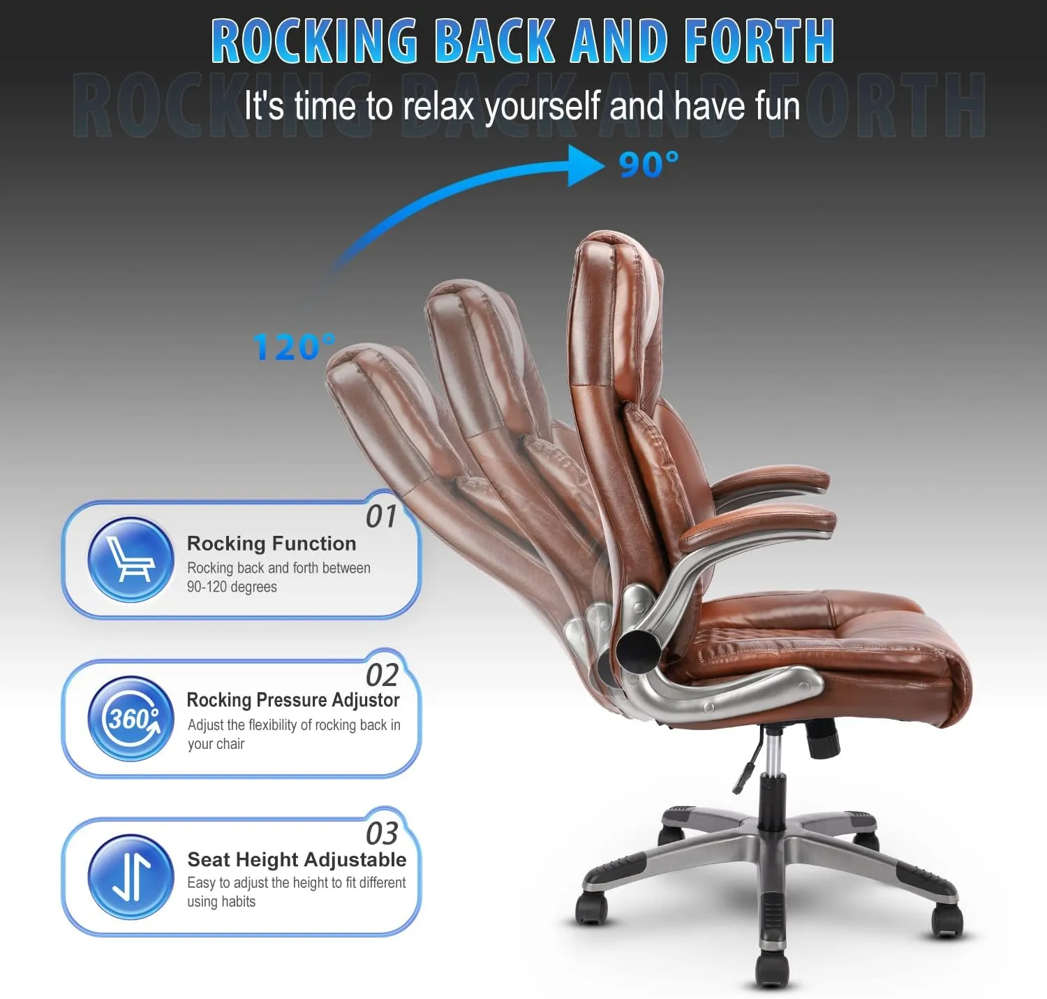 Brown Leather Office Chair with Flip up Arms, High Back Ergonomic Executive Office Chairs with Wheels, 90-120° Rocking Office Desk Chair with Lumbar Support, Swivel Task Chairs