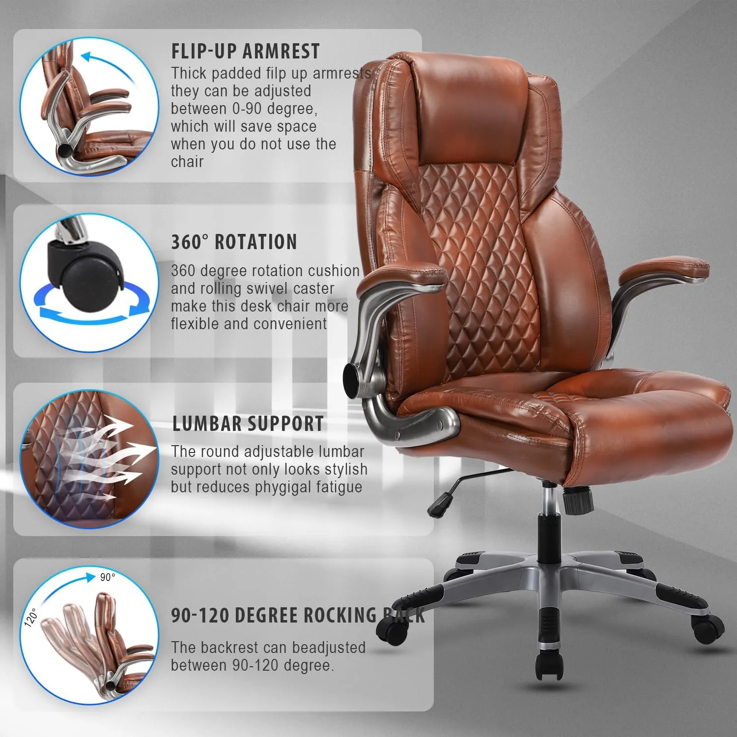 Brown Leather Office Chair with Flip up Arms, High Back Ergonomic Executive Office Chairs with Wheels, 90-120° Rocking Office Desk Chair with Lumbar Support, Swivel Task Chairs