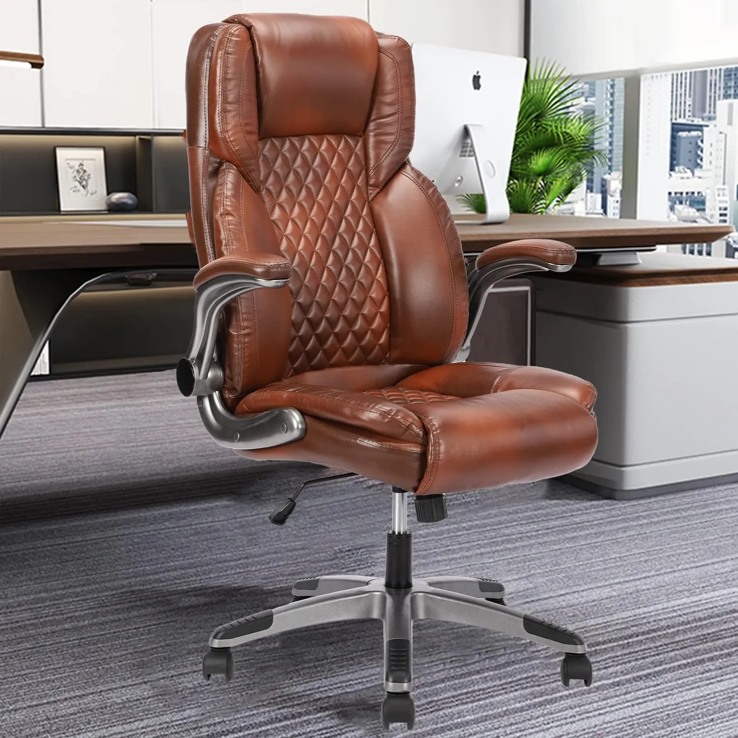 Brown Leather Office Chair with Flip up Arms, High Back Ergonomic Executive Office Chairs with Wheels, 90-120° Rocking Office Desk Chair with Lumbar Support, Swivel Task Chairs