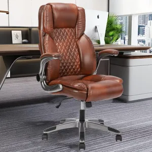 Brown Leather Office Chair with Flip up Arms, High Back Ergonomic Executive Office Chairs with Wheels, 90-120° Rocking Office Desk Chair with Lumbar Support, Swivel Task Chairs