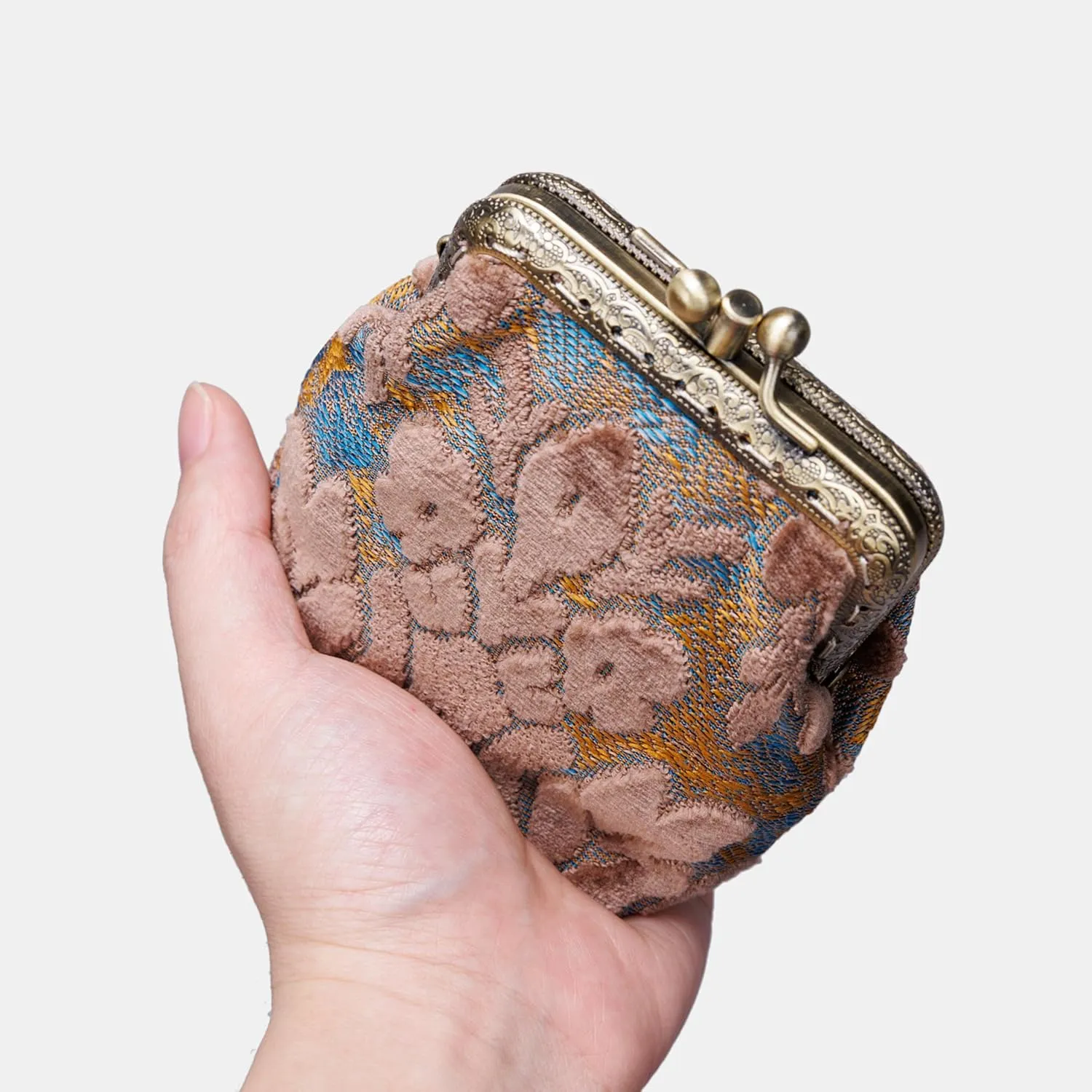 Burnout Velvet Double Kiss Clasp Coin Purse Pouch,Vintage Change Wallet Card Holder
