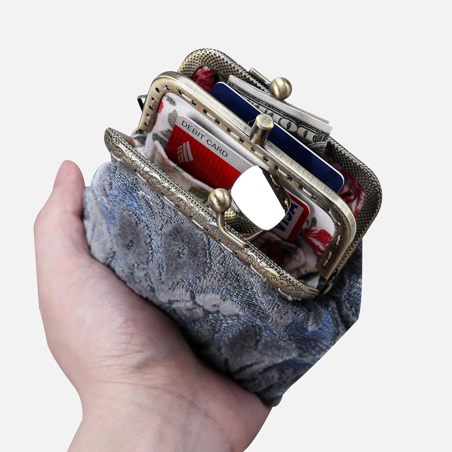 Burnout Velvet Double Kiss Clasp Coin Purse Pouch,Vintage Change Wallet Card Holder
