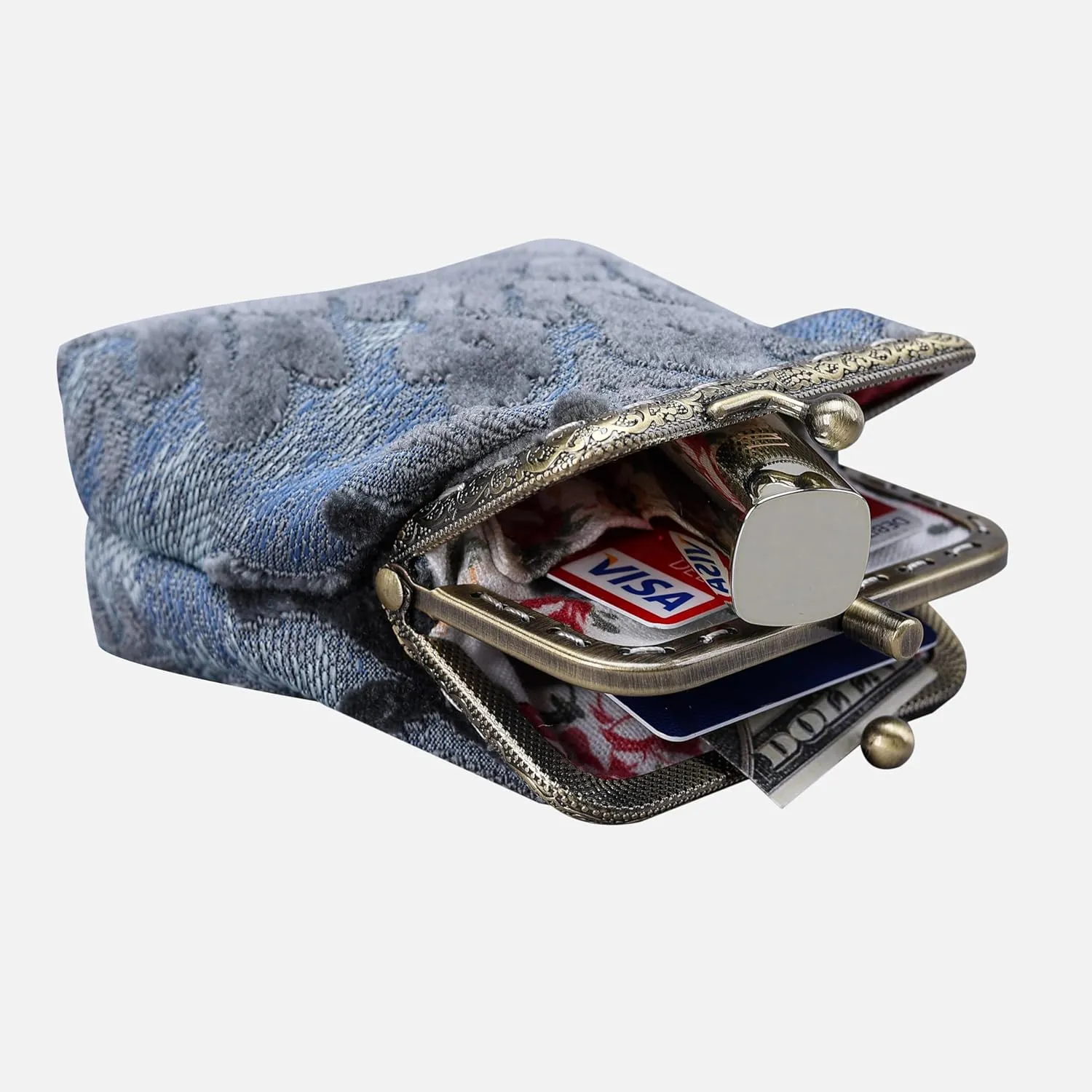 Burnout Velvet Double Kiss Clasp Coin Purse Pouch,Vintage Change Wallet Card Holder