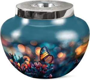 Butterfly Decorative Urn for Human Ashes Male & Female - Matki Flowers Urns for Burial - Large Decorative Blue Urns for Adult Men & Women (7 Inch)