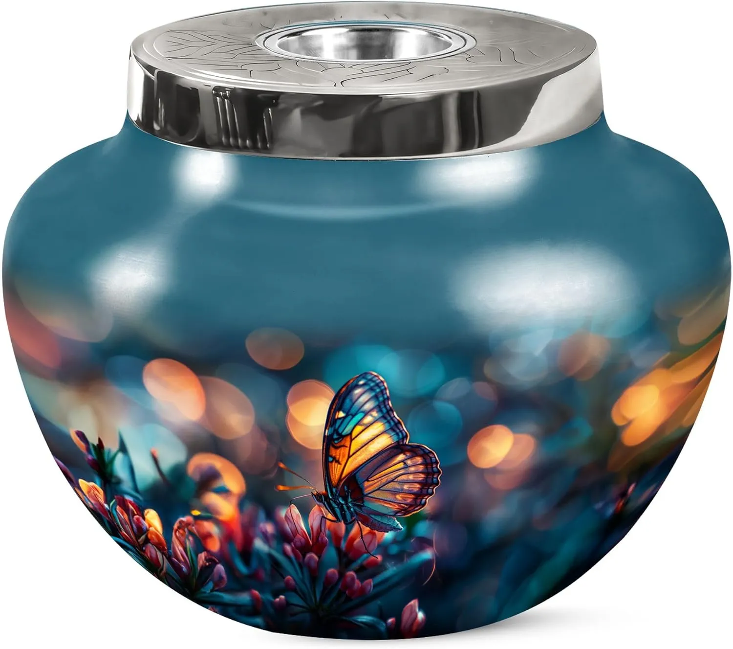 Butterfly Decorative Urn for Human Ashes Male & Female - Matki Flowers Urns for Burial - Large Decorative Blue Urns for Adult Men & Women (7 Inch)