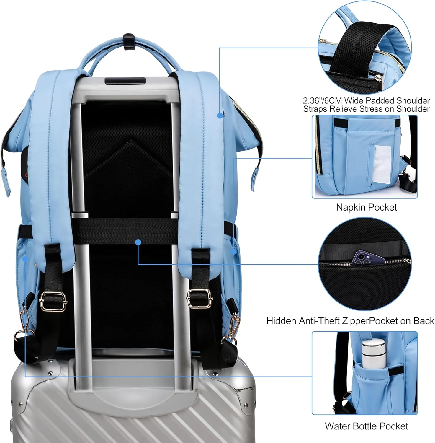 CAFELE Laptop Backpack Purse for Women Men,17 Inch Computer Stylish Backpacks, Teacher Doctor Nurse Daypack for Work,College Bookbag Wide Open Design Light Blue