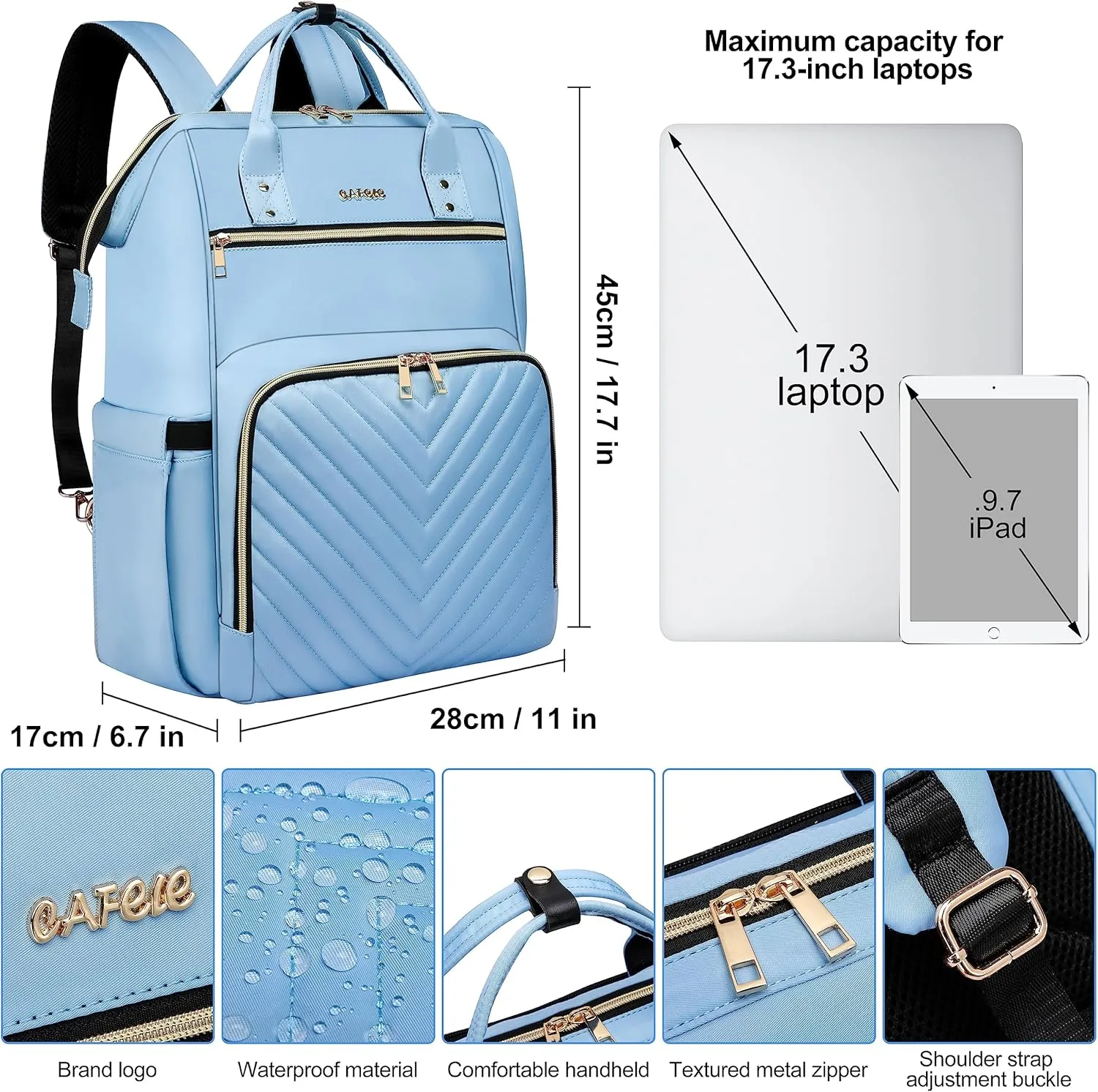 CAFELE Laptop Backpack Purse for Women Men,17 Inch Computer Stylish Backpacks, Teacher Doctor Nurse Daypack for Work,College Bookbag Wide Open Design Light Blue